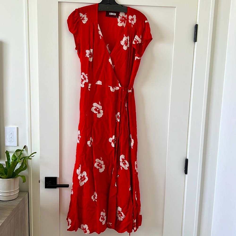 Reformation Midi Red Wrap Dress with White Florals Size Medium